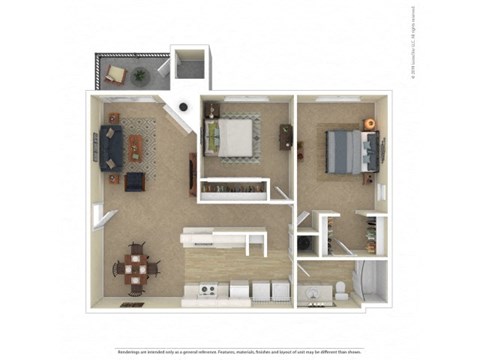 Floor plan for 2 beds, 1 bath, 884 sqft